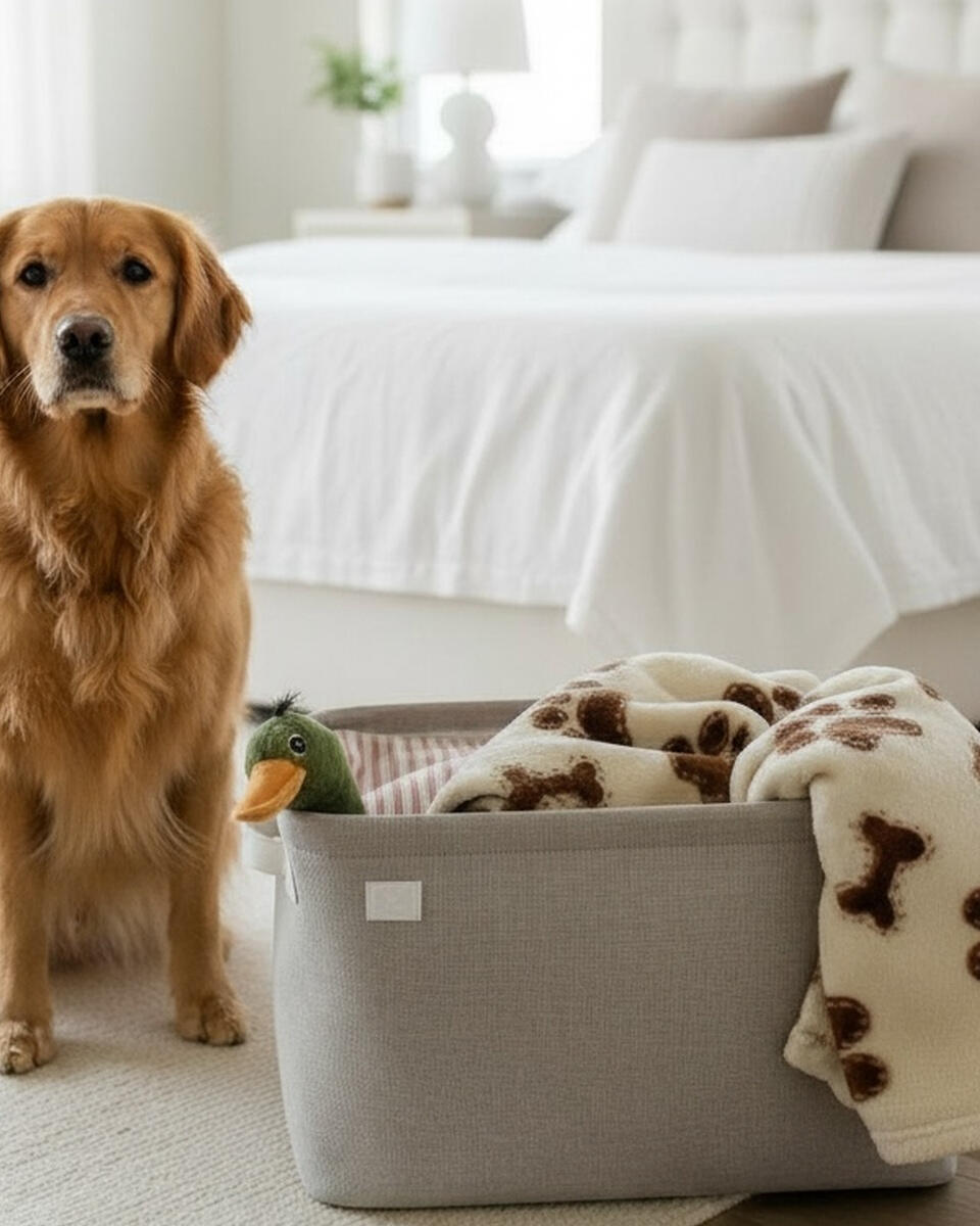 A golden retriever sitting beside a neutral-toned dog toy basket filled with a blanket and a duck toy in a clean, modern bedroom.